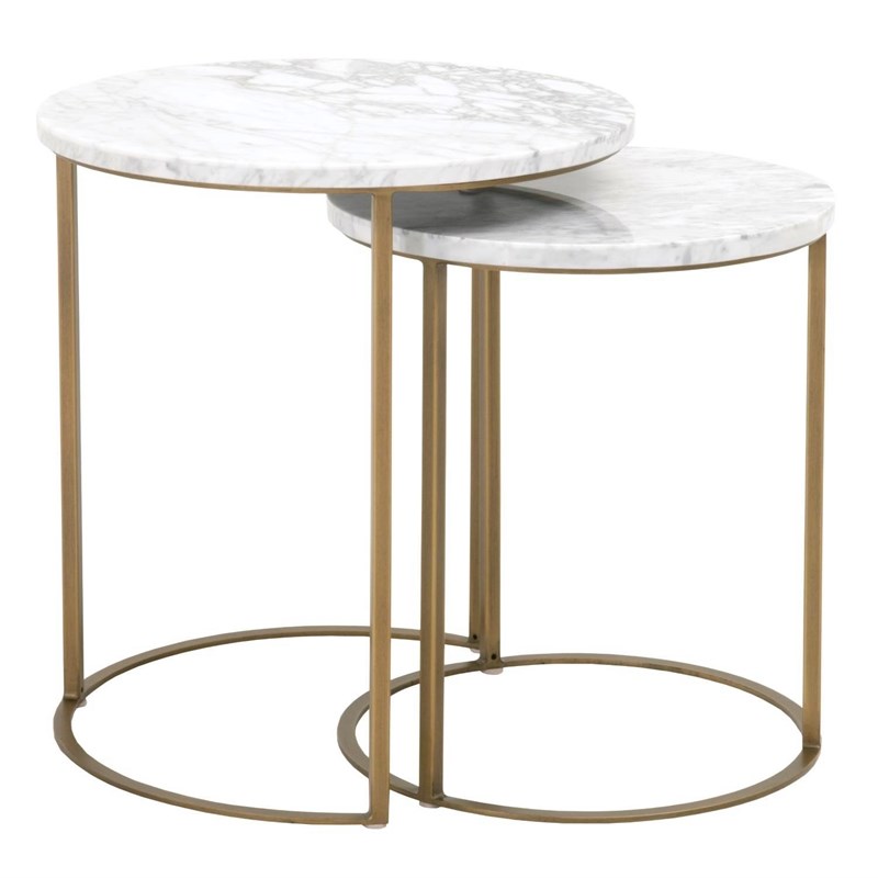 Carrera Round Nesting Accent Table in White Marble and Brushed Gold