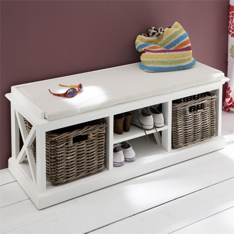 NovaSolo Halifax Entryway Bench with Cushion and Baskets in Pure White