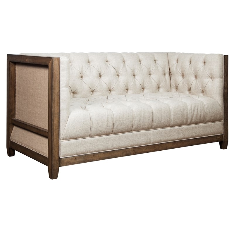 modern farmhouse deconstructed back loveseat in wood and linen fabric