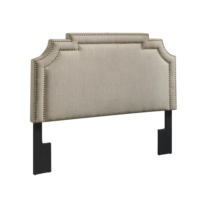 nailhead marquee upholstered king headboard in linen beige fabric