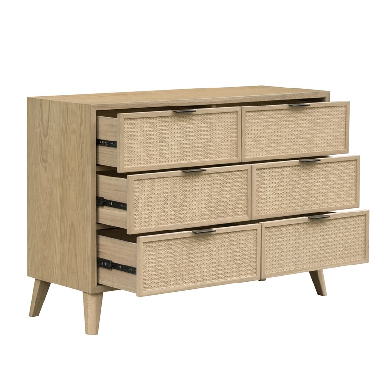Cane and Wood Six Drawer Dresser in Light Brown