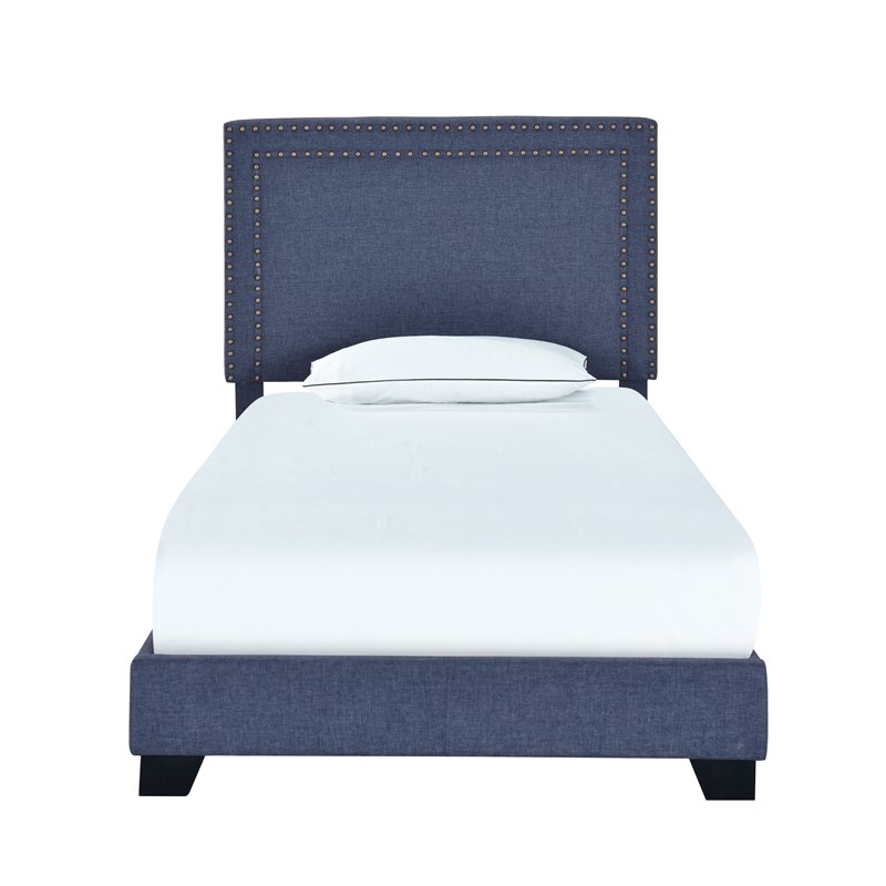 denim blue upholstered twin bed with double nail head trim dsa1232881