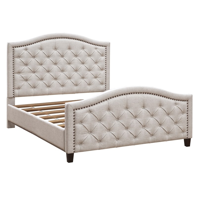 HomeFare Button Tufted Upholstered King Platform Bed in Beige Fabric
