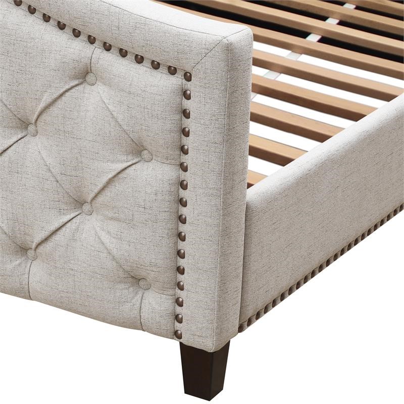 button tufted upholstered california king platform bed in beige fabric