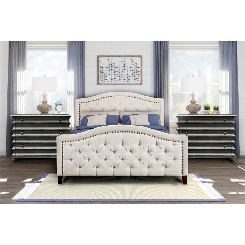 button tufted upholstered california king platform bed in beige fabric