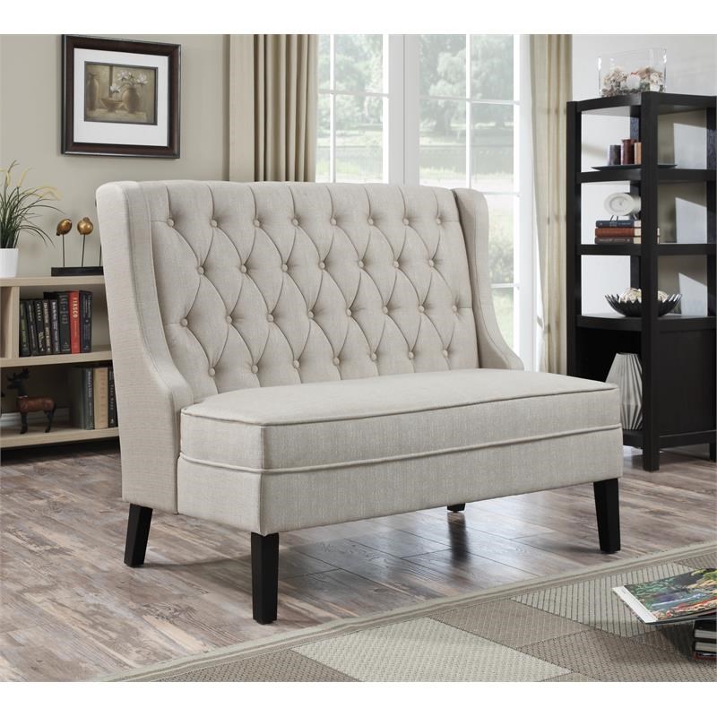 Tufted Shelter Wing Entryway Bench in Oatmeal Beige