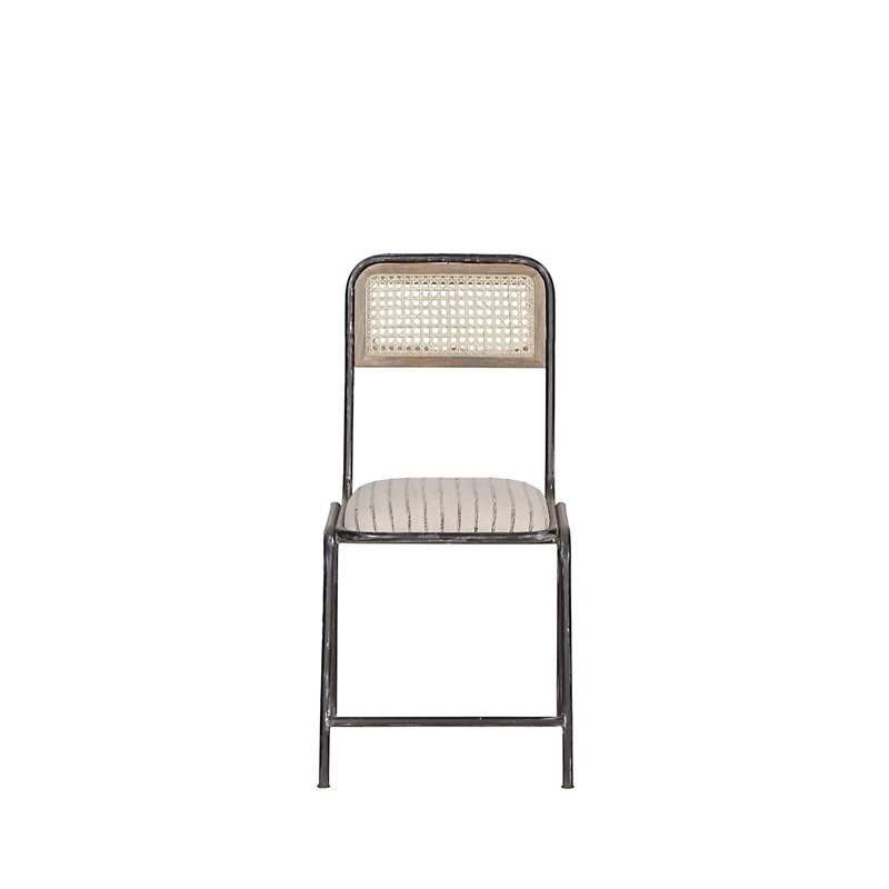 Iron Frame Cane Back Side Chair with Blue Striped Fabric Seat