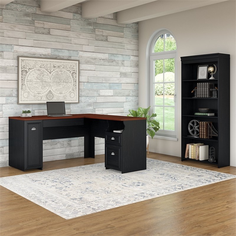 Fairview L Shaped Desk with 5 Shelf Bookcase in Antique Black - Engineered Wood