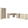 Salinas 60W L Desk w/ File Cabinet & Bookcase in Antique White - Engineered Wood