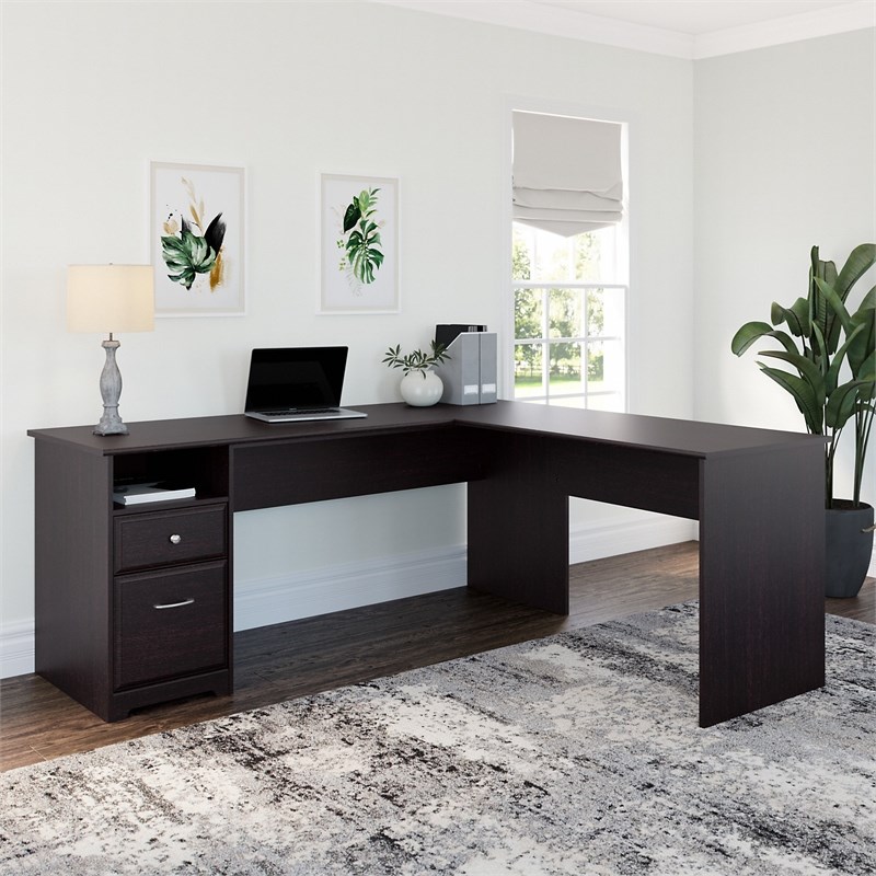 Cabot 72W L Shaped Computer Desk with File in Espresso Oak - Engineered Wood