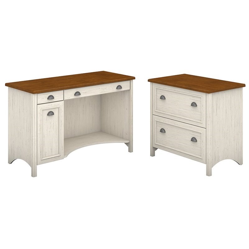 Fairview Computer Desk with File Cabinet in Antique White - Engineered Wood