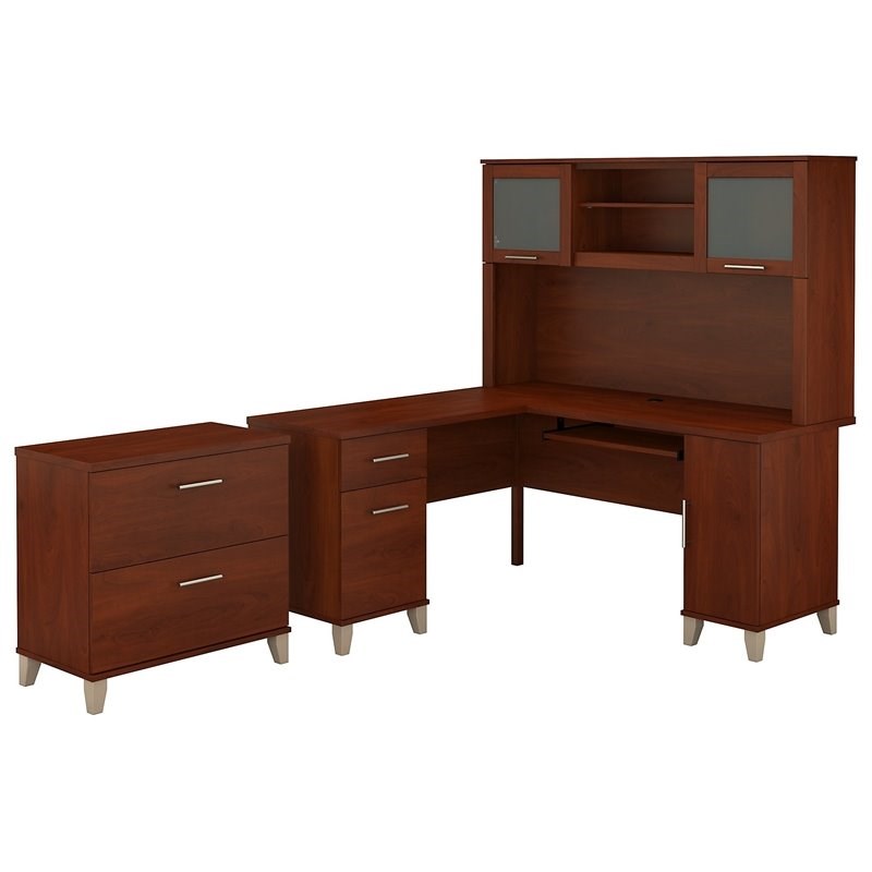 Bush Furniture Somerset 60w L Shaped Desk With Hutch And File Cabinet In Cherry Set008hc