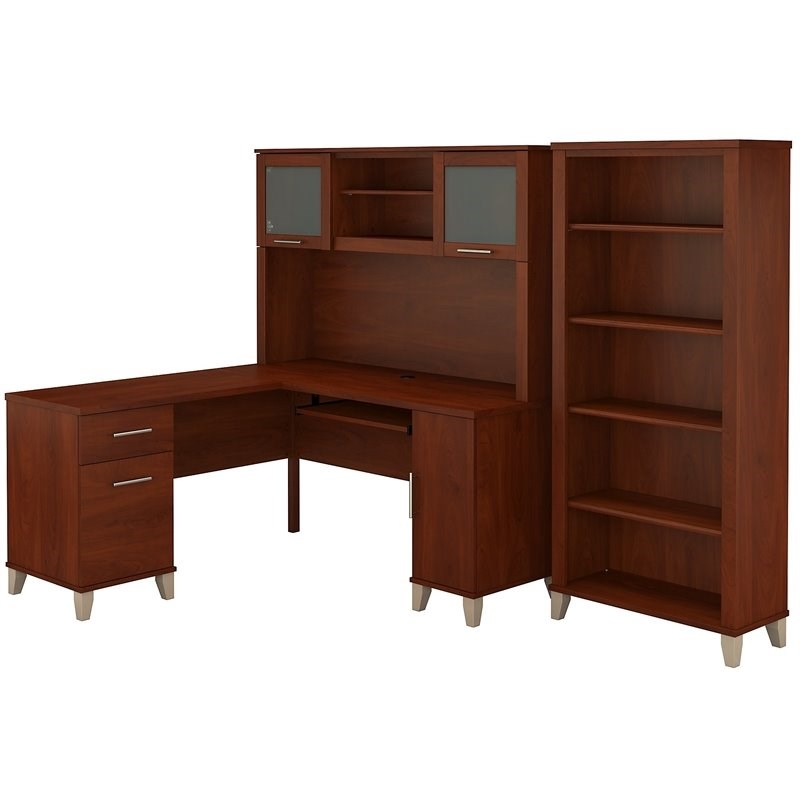 Bush Furniture Somerset 60W L Desk with Hutch & Bookcase in Cherry