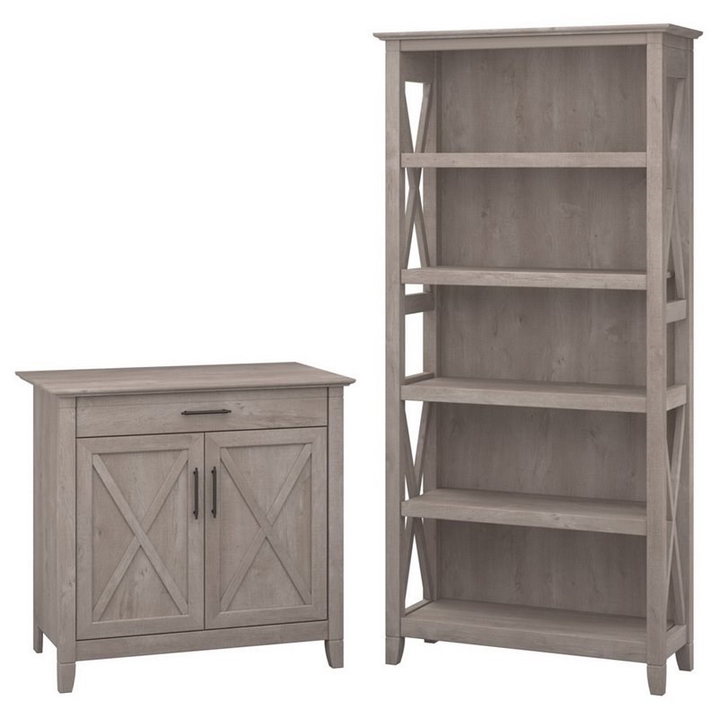 Bush Furniture Key West 3 Piece Storage Cabinet and Bookcase and Desk Set in Washed Gray