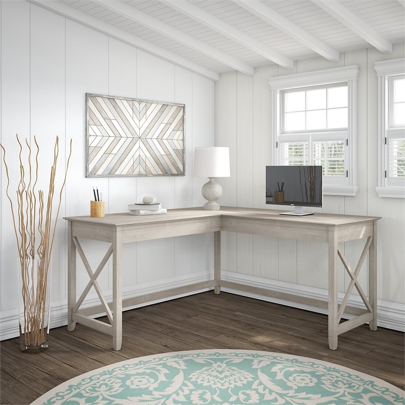 Bush Furniture Key West 60W L Shaped Desk in Washed Gray - Engineered Wood