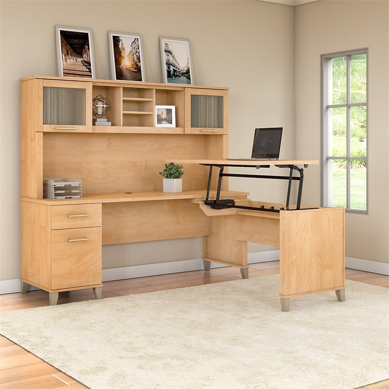 Bush Furniture Somerset 72W Sit Stand L Desk with Hutch in Maple Cross