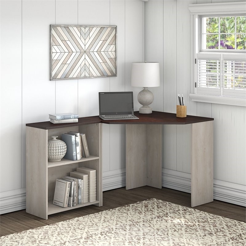Townhill Corner Desk with Bookcase in Washed Gray & Madison Cherry