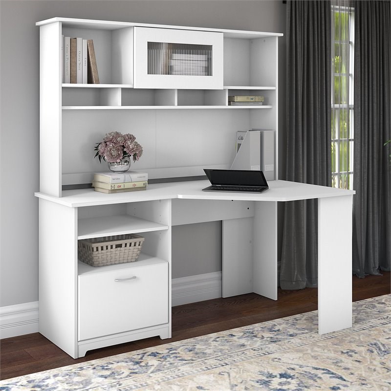 Cabot 60W Corner Desk with Hutch and File Storage in White - Engineered Wood