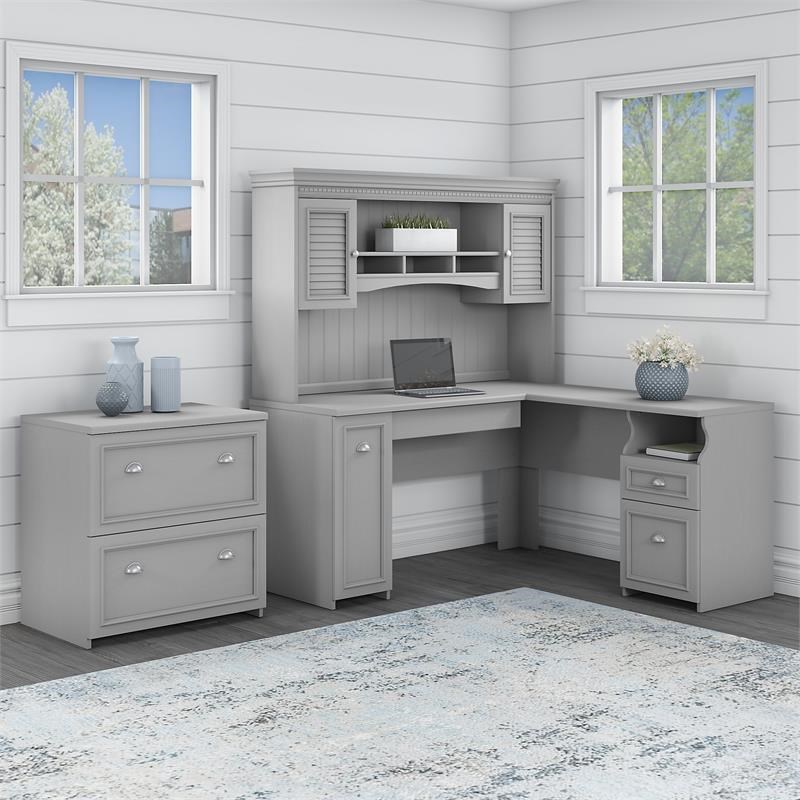 Fairview L Desk with Hutch and File Cabinet in Cape Cod Gray - Engineered Wood