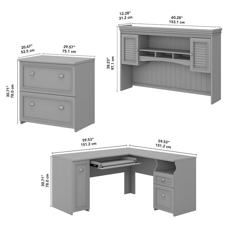 Fairview L Desk with Hutch and File Cabinet in Cape Cod Gray - Engineered Wood