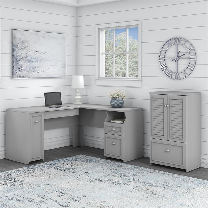 Fairview L Desk with Storage File Cabinet in Cape Cod Gray - Engineered Wood