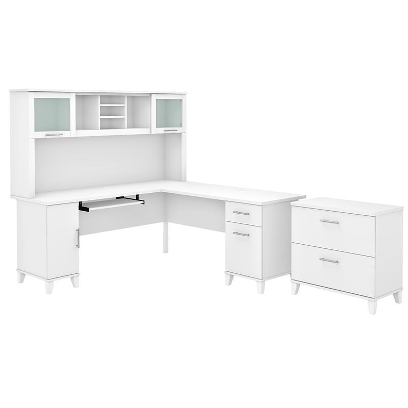 Somerset 72w L Shaped Desk With Hutch, White Desk With File Drawer And Hutch