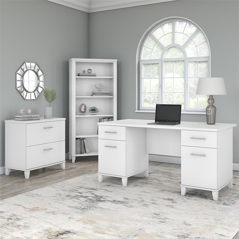 Somerset 60w Office Desk With File, White Computer Desk With File Cabinet