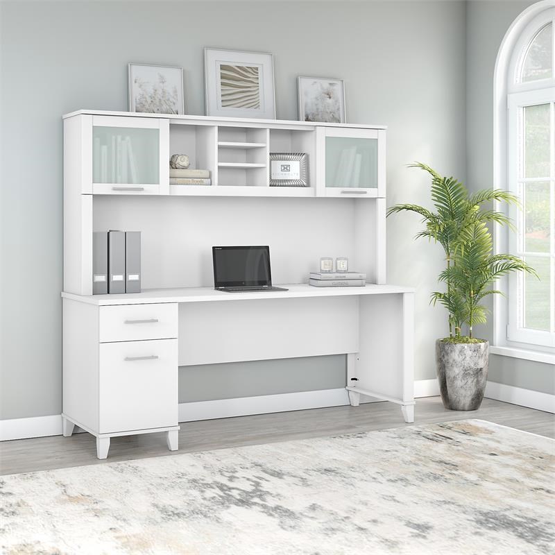 Somerset 72W Office Desk with Drawers and Hutch in White Engineered