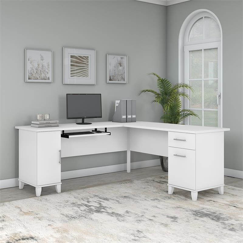 Somerset 72W L Shaped Desk with Storage in White - Engineered Wood