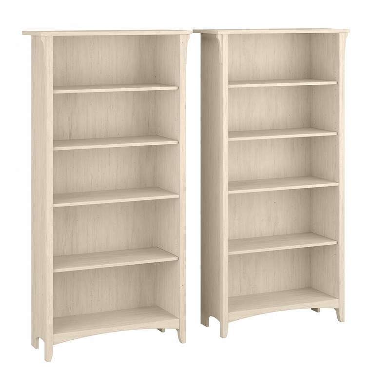 White Bookcase Wide 5 Shelf Set of 2 Pcs Adjustable Wood Bookshelf Storage 