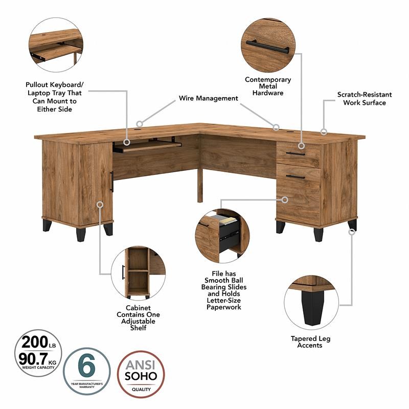 Somerset 72W L Shaped Desk with Storage in Fresh Walnut - Engineered Wood