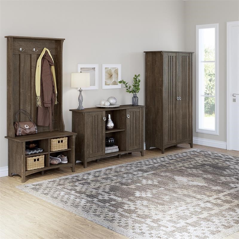 Salinas Hall Tree with Shoe Bench & Cabinets in Ash Brown - Engineered Wood