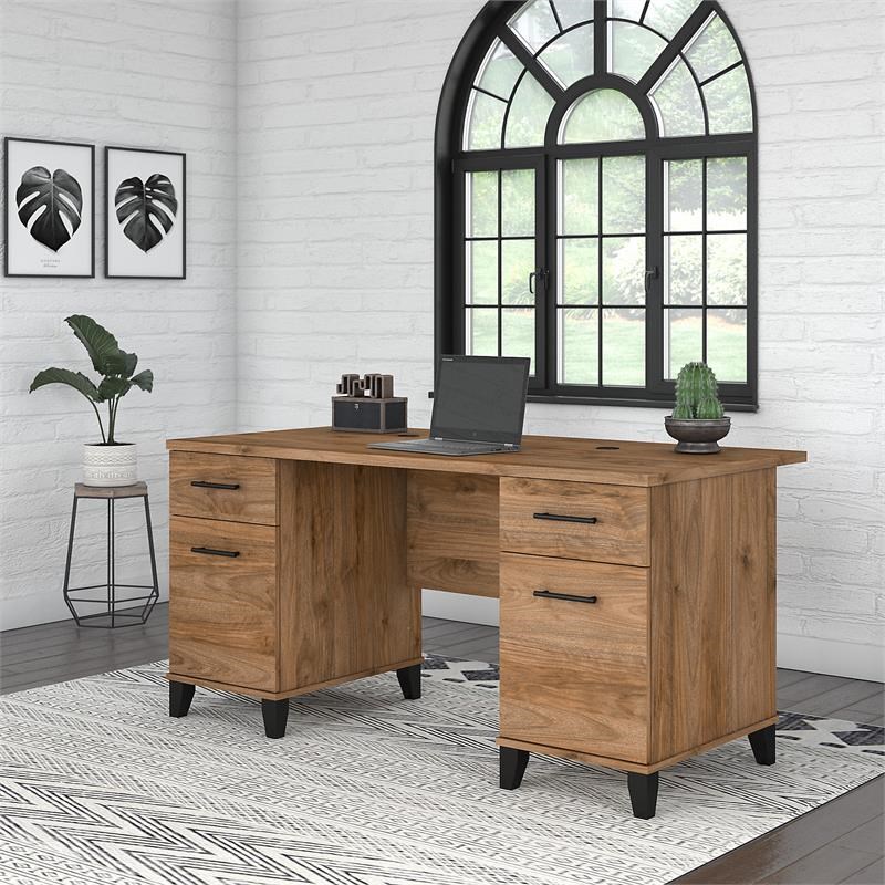 Somerset 60W Office Desk with Drawers in Fresh Walnut - Engineered Wood
