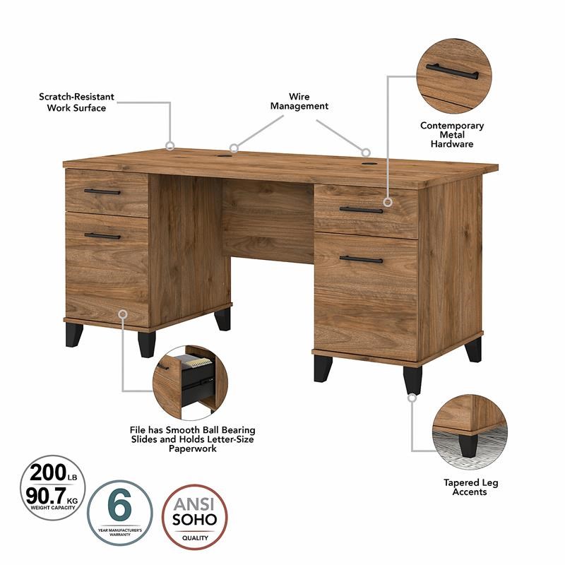 Somerset 60W Office Desk with Drawers in Fresh Walnut - Engineered Wood