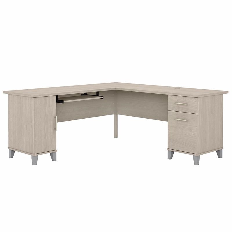 Somerset 72W L Shaped Desk with Storage in Sand Oak - Engineered Wood