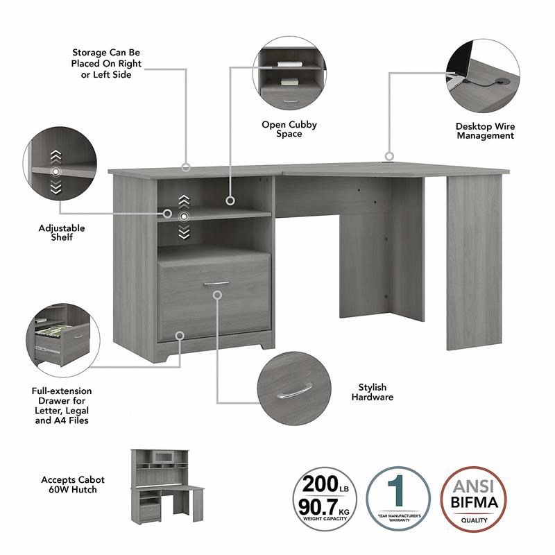 Bush Furniture Cabot 60W Corner Desk with Hutch in Modern Gray