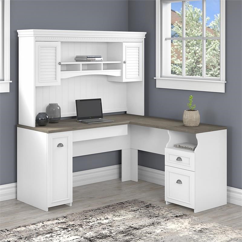 Fairview 60W L Desk with Hutch in Shiplap Gray and White - Engineered Wood