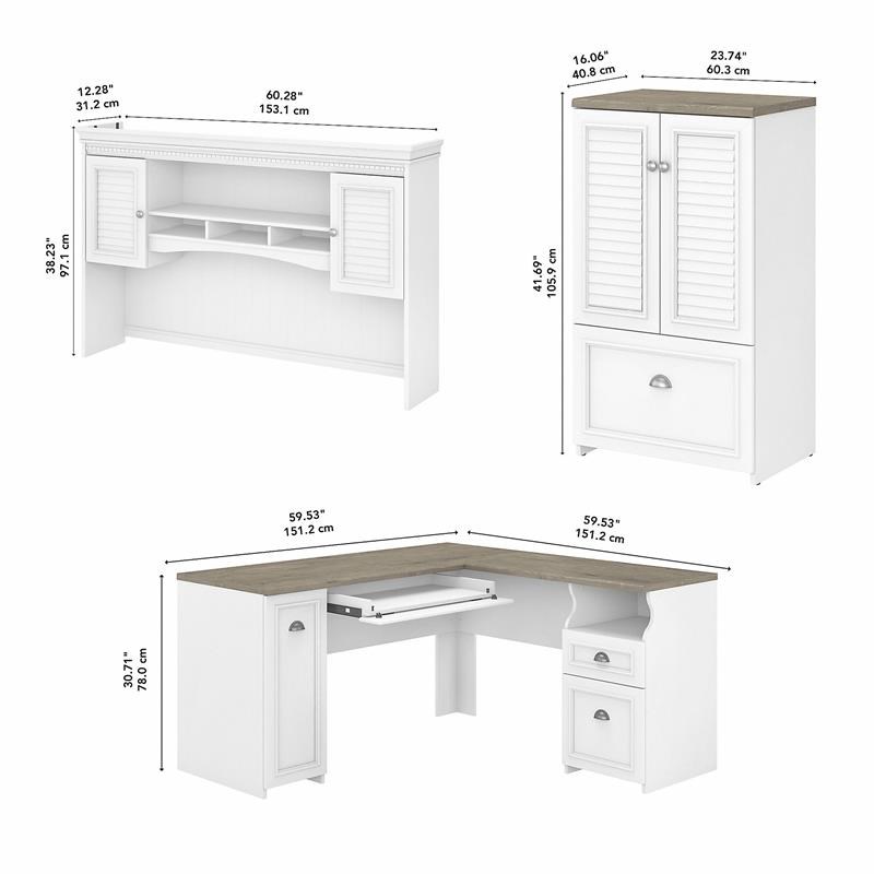 Fairview L Desk With Hutch And Storage Cabinet In White Gray 