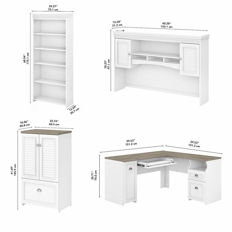 Fairview L Desk 4 Pc Set with Storage in Pure White/Gray - Engineered Wood