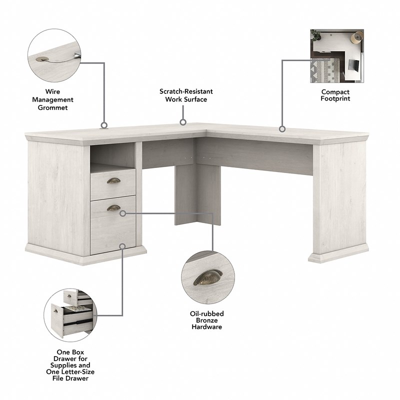 Yorktown 60W L Shaped Desk with Hutch in Linen White Oak - Engineered Wood