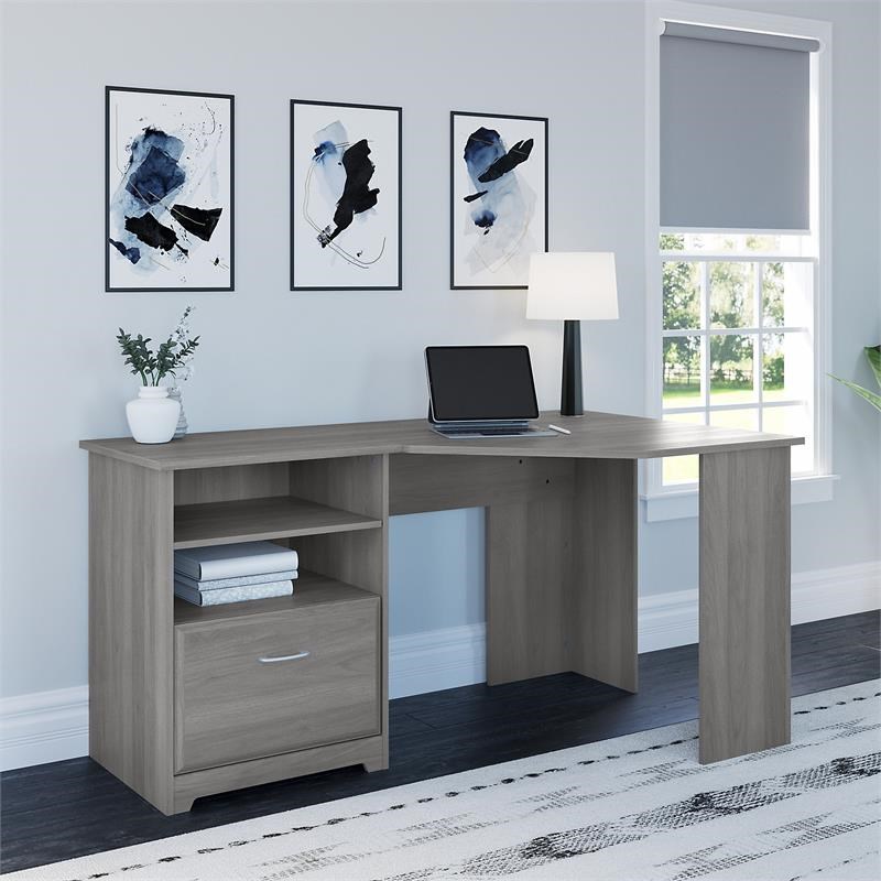 Cabot 60W Corner Desk with Storage in Modern Gray Engineered Wood