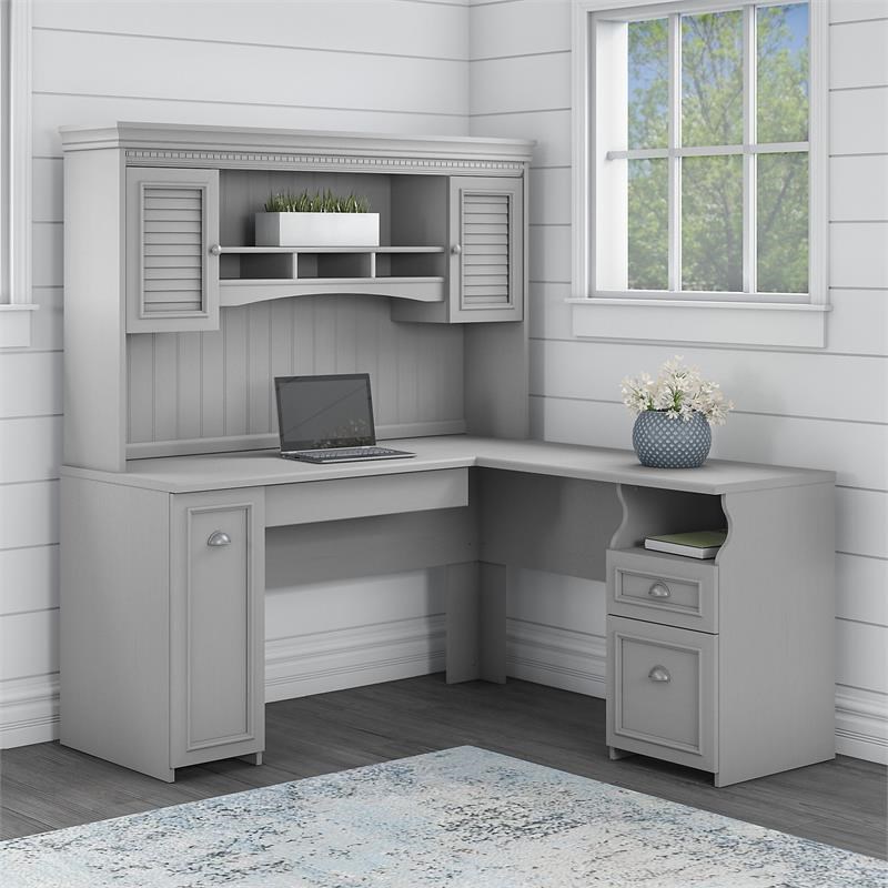Fairview 60W L Shaped Desk with Hutch in Cape Cod Gray - Engineered Wood