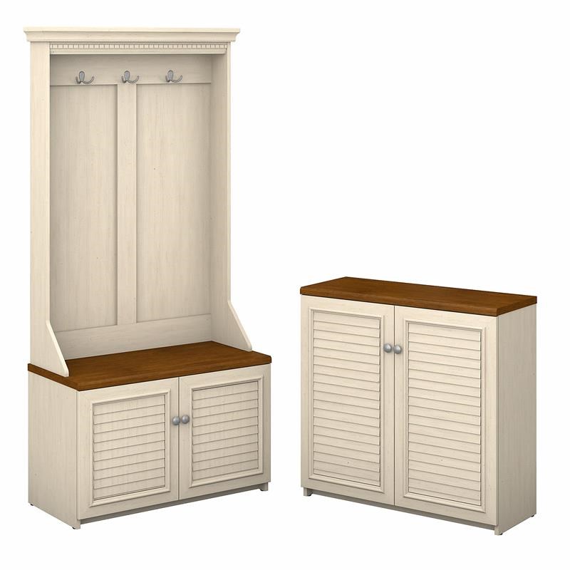 Fairview Hall Tree with Storage Bench and Cabinet in White - Engineered Wood