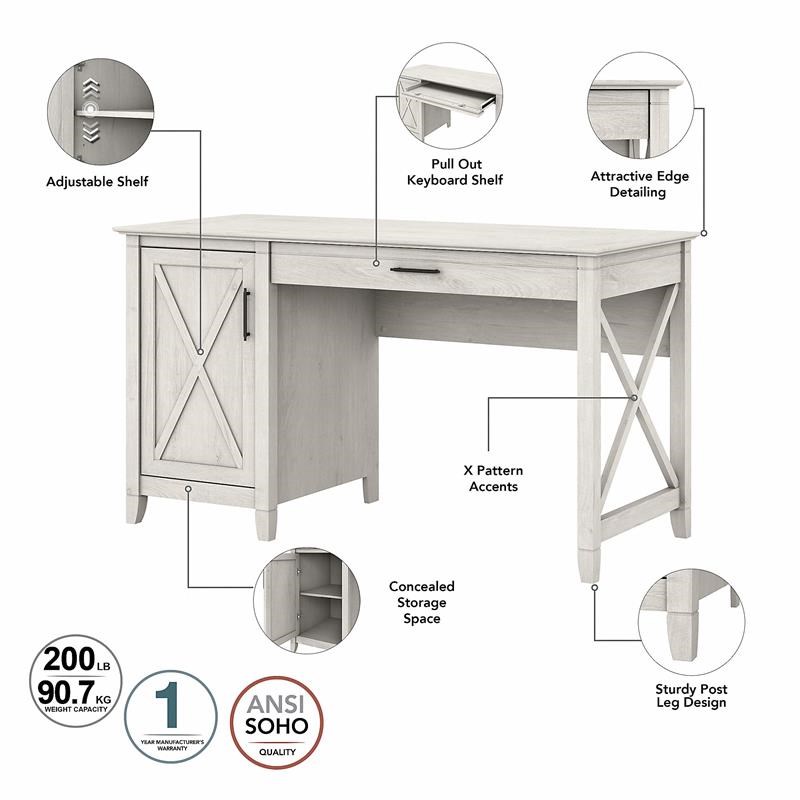 Key West 54W Computer Desk with Lateral File Cabinet in White - Engineered Wood