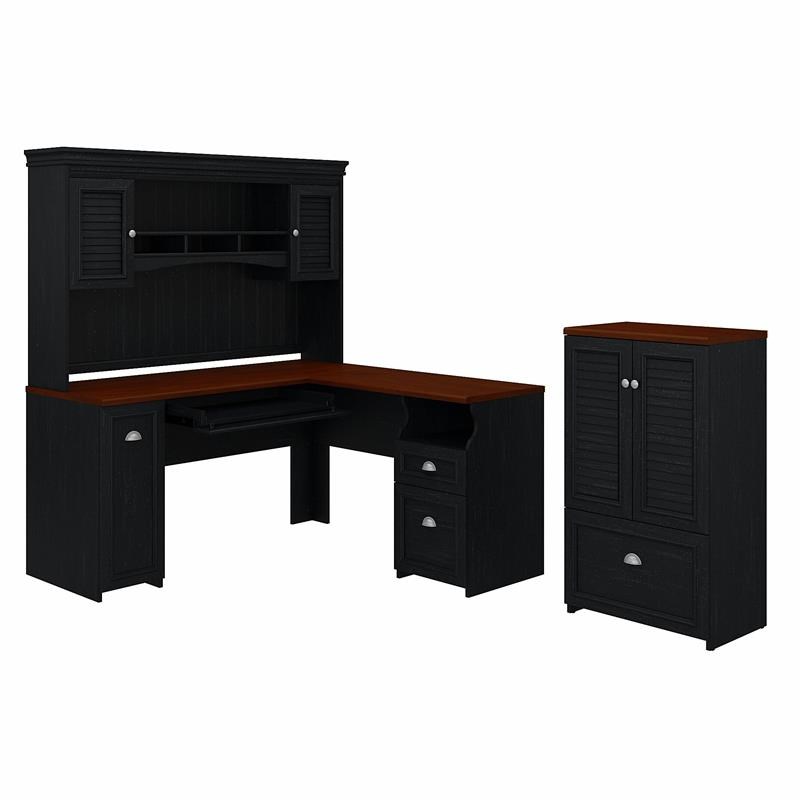 Fairview L Shaped Desk with Hutch and Storage Cabinet in Black - Engineered Wood