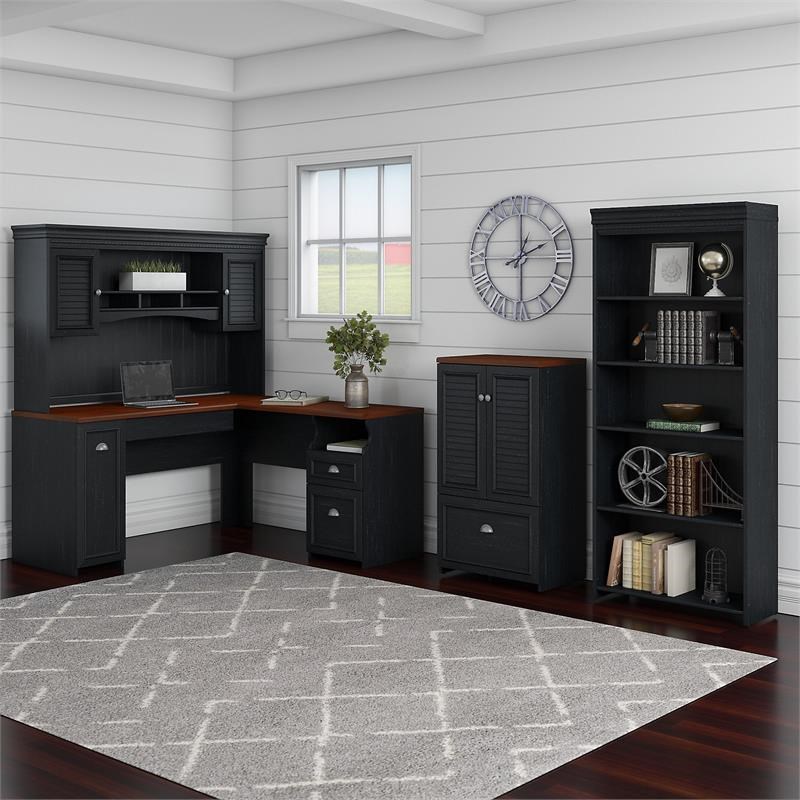 Fairview L Shaped Desk Set with Bookcase and Storage in Black - Engineered Wood