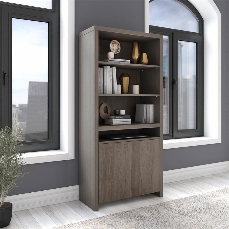 Bristol Tall 6 Shelf Bookcase with Doors in Restored Gray Engineered