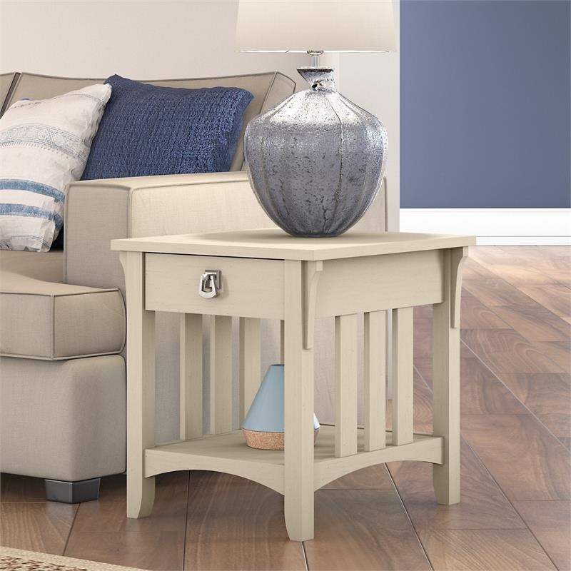 Salinas End Table with Storage in Antique White - Engineered Wood