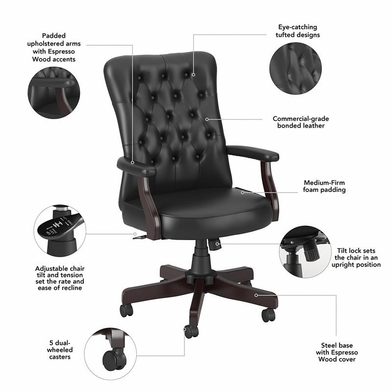 Key West High Back Tufted Office Chair with Arms in Black Leather