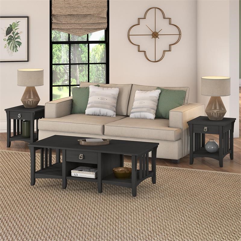 Salinas Coffee Table With Set Of 2 End Tables In Vintage Black Engineered Wood Sal038vb